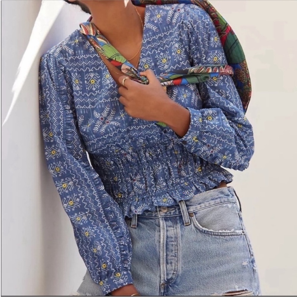Anthropologie Forever That Girl Blue Smocked Floral Peasant Blouse Size M